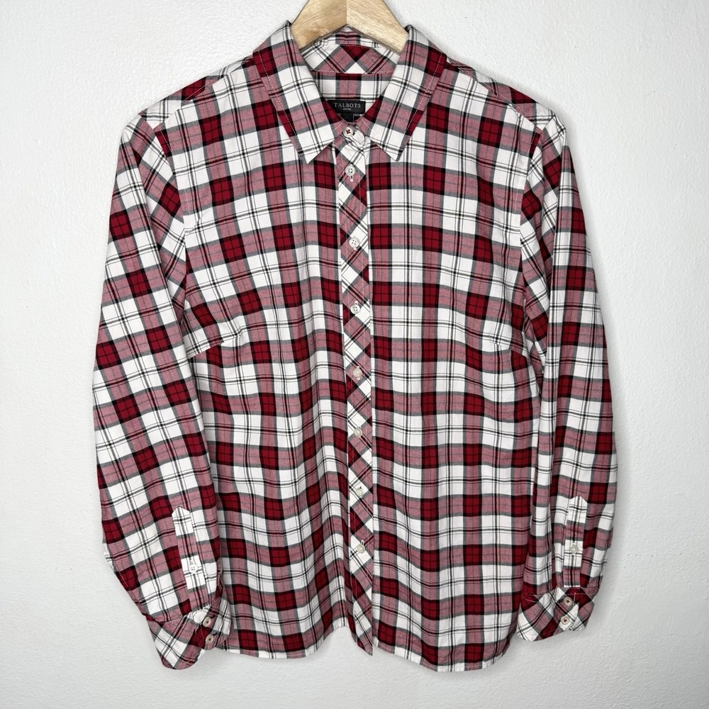 Talbots Plaid Cotton Long Sleeve‎ Button Up Cabincore Shirt Womens Large Petite